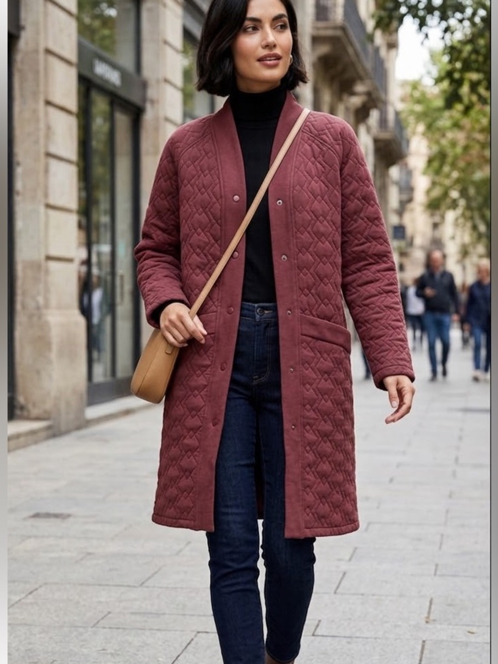 Bernie by Bernardo Quilted Duster Jacket Snap Front Coat Burgundy Plum XS